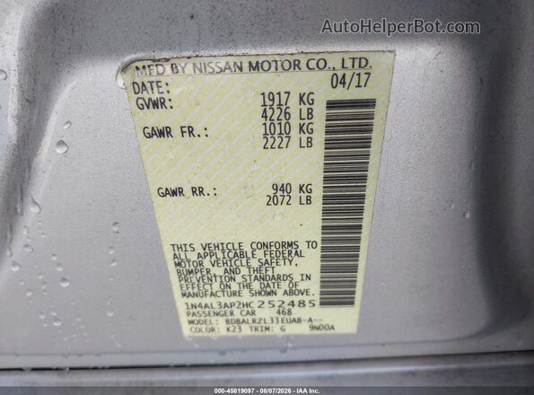 1N4AL3AP2HC252485 2017 NISSAN ALTIMA Silver Widok komory silnika