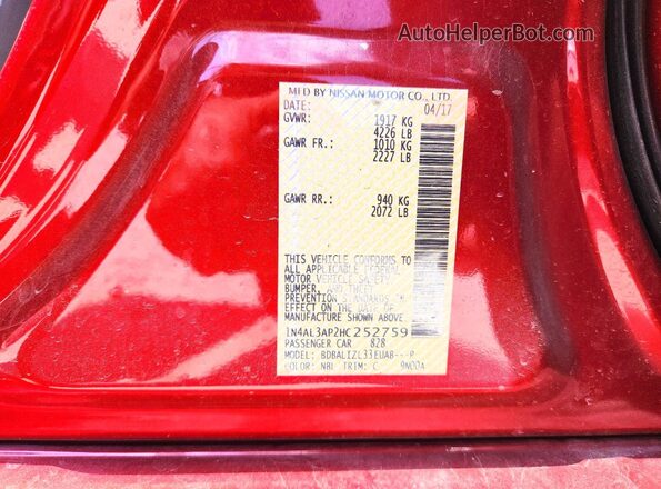 1N4AL3AP2HC252759 2017 NISSAN ALTIMA Red Vista de la etiqueta del VIN