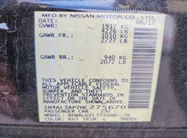 1N4AL3AP2HC275670 2017 NISSAN ALTIMA Black VIN կոդի պիտակի տեսք