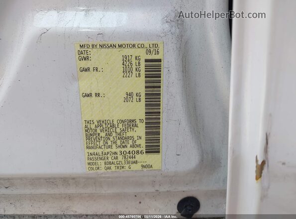 1N4AL3AP2HN304086 2017 NISSAN ALTIMA White Vista del compartimento del motor