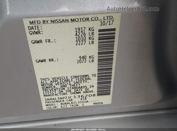 1N4AL3AP2JC136208 2018 NISSAN ALTIMA Silver Вид підкапотного простору
