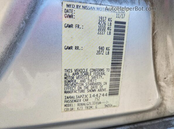 1N4AL3AP2JC144244 2018 NISSAN ALTIMA Серебряный Вид подкапотного пространства