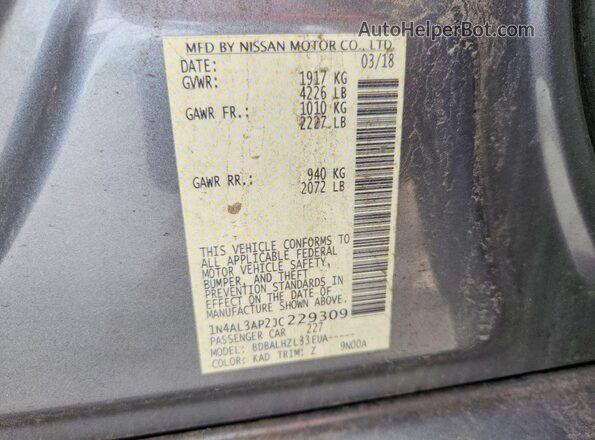 1N4AL3AP2JC229309 2018 NISSAN ALTIMA Gray VIN կոդի պիտակի տեսք