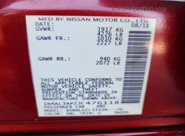 1N4AL3AP2JC476118 2018 NISSAN ALTIMA Красный Вид наклейки с VIN-кодом