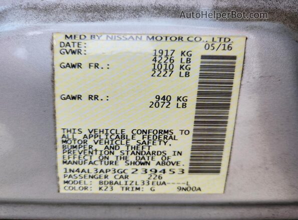 1N4AL3AP3GC239453 2016 NISSAN ALTIMA Silver Vista de la etiqueta del VIN