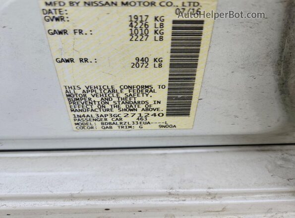 1N4AL3AP3GC271240 2016 NISSAN ALTIMA White VIN კოდის სტიკერის ხედი