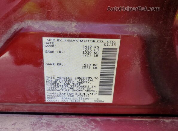 1N4AL3AP3GN334597 2016 NISSAN ALTIMA Красный Вид наклейки с VIN-кодом