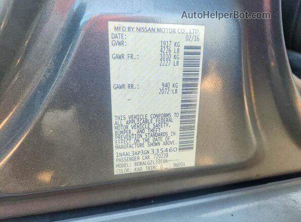 1N4AL3AP3GN335460 2016 NISSAN ALTIMA Gray Vista de la etiqueta del VIN