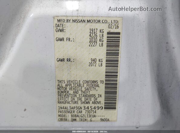 1N4AL3AP3GN345499 2016 NISSAN ALTIMA White Вид підкапотного простору