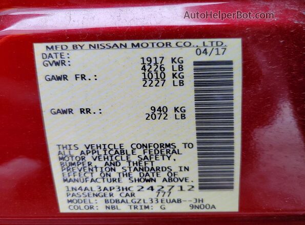 1N4AL3AP3HC242712 2017 NISSAN ALTIMA Red Vista del compartimento del motor