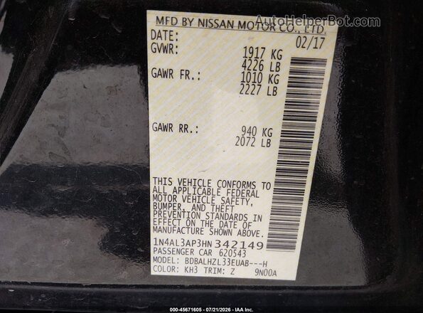 1N4AL3AP3HN342149 2017 NISSAN ALTIMA Черный Вид подкапотного пространства