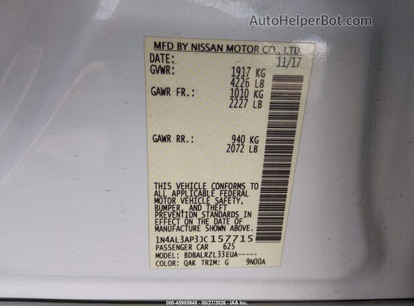 1N4AL3AP3JC157715 2018 NISSAN ALTIMA White ძრავის განყოფილების ხედი