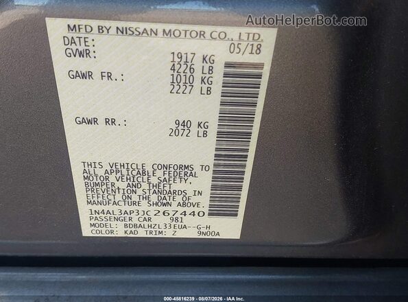 1N4AL3AP3JC267440 2018 NISSAN ALTIMA Gray Vista del compartimento del motor