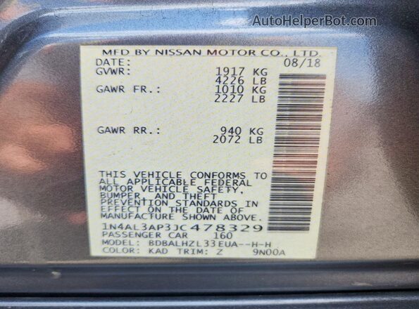 1N4AL3AP3JC478329 2018 NISSAN ALTIMA Gray Вид наклейки з VIN-кодом