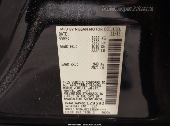 1N4AL3AP4GC129592 2016 NISSAN ALTIMA Black ძრავის განყოფილების ხედი