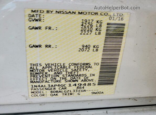 1N4AL3AP4GC149485 2016 NISSAN ALTIMA White Widok komory silnika