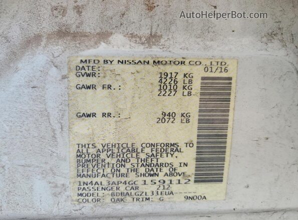 1N4AL3AP4GC159112 2016 NISSAN ALTIMA White Вид підкапотного простору