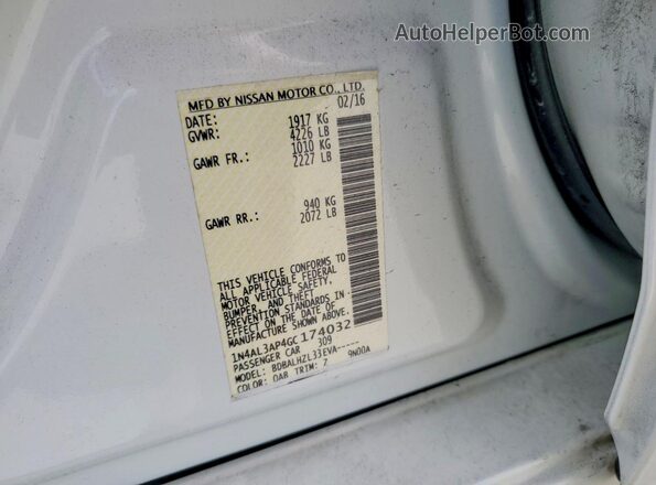 1N4AL3AP4GC174032 2016 NISSAN ALTIMA White VIN კოდის სტიკერის ხედი