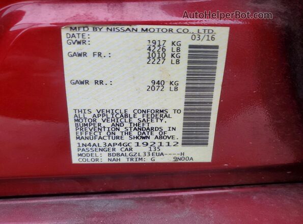 1N4AL3AP4GC192112 2016 NISSAN ALTIMA Burgundy Engine compartment view