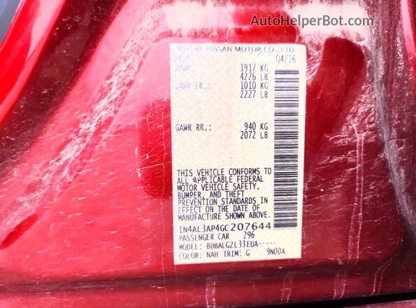 1N4AL3AP4GC207644 2016 NISSAN ALTIMA Red Շարժիչի բաժամունքի տեսք