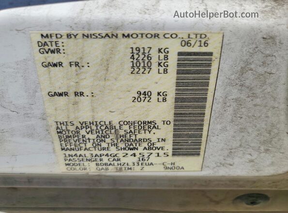 1N4AL3AP4GC245715 2016 NISSAN ALTIMA Белый Вид наклейки с VIN-кодом