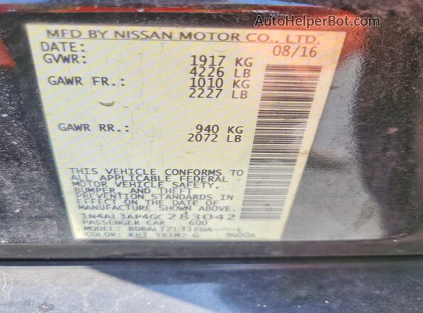 1N4AL3AP4GC283042 2016 NISSAN ALTIMA Черный Вид наклейки с VIN-кодом