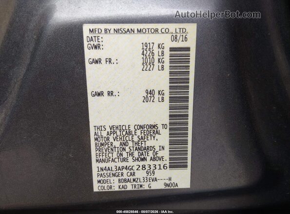 1N4AL3AP4GC283316 2016 NISSAN ALTIMA Gray ძრავის განყოფილების ხედი