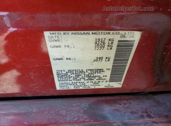 1N4AL3AP4GC292873 2016 NISSAN ALTIMA Red Vista de la etiqueta del VIN