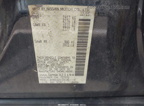 1N4AL3AP4GN321194 2016 NISSAN ALTIMA Dark Blue Вид підкапотного простору