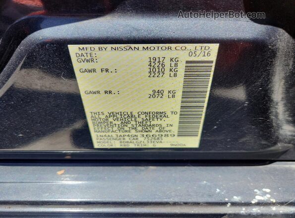 1N4AL3AP4GN366989 2016 NISSAN ALTIMA Black Vista del compartimento del motor