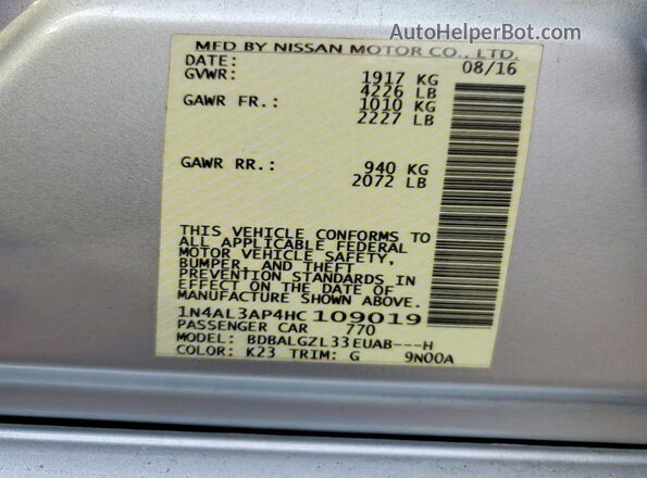 1N4AL3AP4HC109019 2017 NISSAN ALTIMA Silver Widok naklejki z numerem VIN