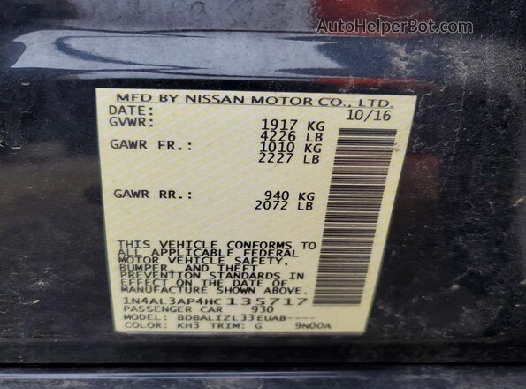 1N4AL3AP4HC135717 2017 NISSAN ALTIMA Black VIN კოდის სტიკერის ხედი