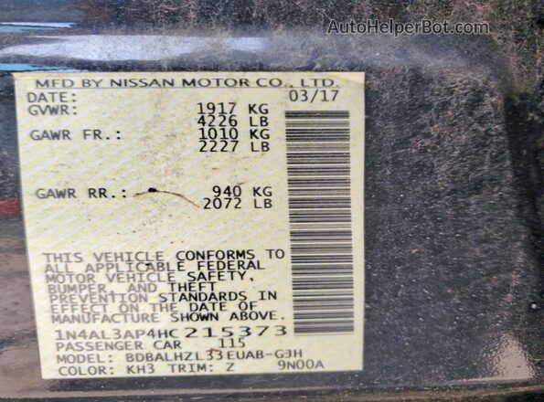 1N4AL3AP4HC215373 2017 NISSAN ALTIMA Black Widok naklejki z numerem VIN