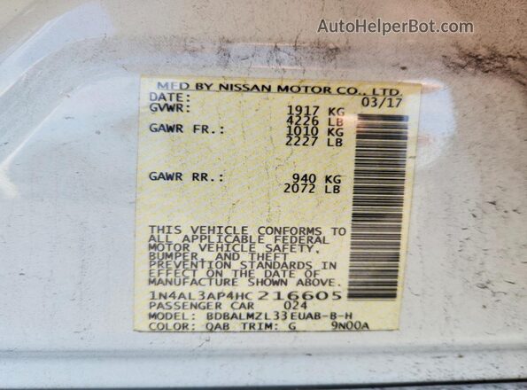 1N4AL3AP4HC216605 2017 NISSAN ALTIMA White Vista del compartimento del motor