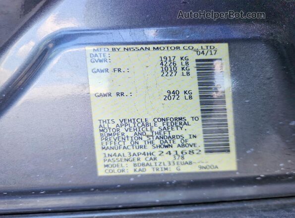 1N4AL3AP4HC241682 2017 NISSAN ALTIMA Gray VIN կոդի պիտակի տեսք