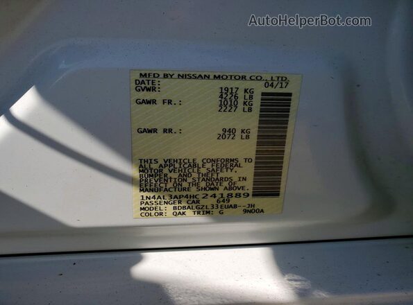 1N4AL3AP4HC241889 2017 NISSAN ALTIMA White Vista del compartimento del motor