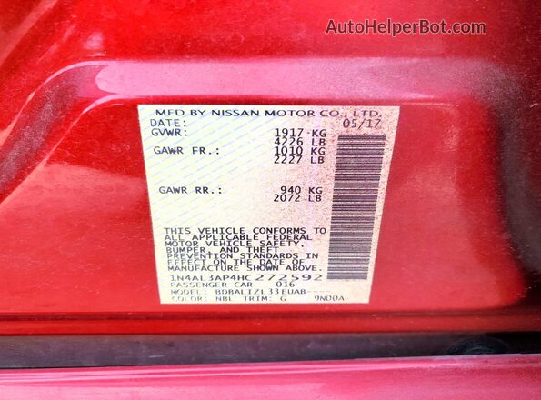 1N4AL3AP4HC272592 2017 NISSAN ALTIMA Red Widok naklejki z numerem VIN