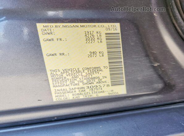 1N4AL3AP4HN309578 2017 NISSAN ALTIMA Gray Vista de la etiqueta del VIN