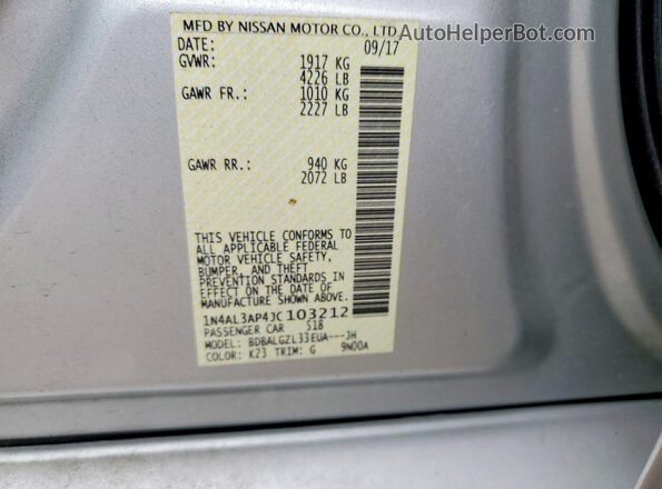 1N4AL3AP4JC103212 2018 NISSAN ALTIMA Silver ძრავის განყოფილების ხედი