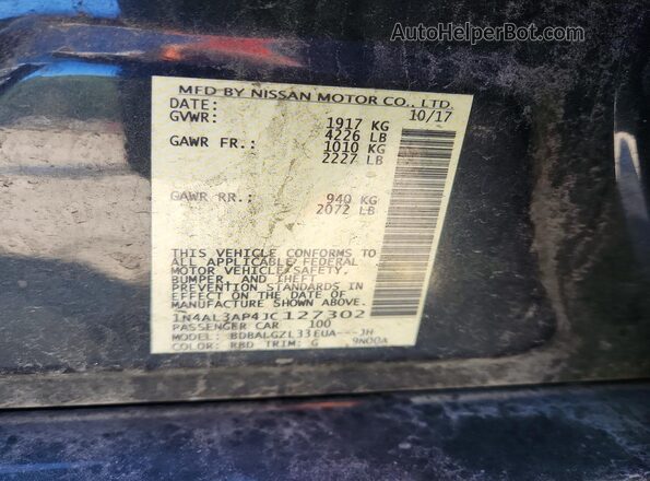 1N4AL3AP4JC127302 2018 NISSAN ALTIMA Gray Widok naklejki z numerem VIN