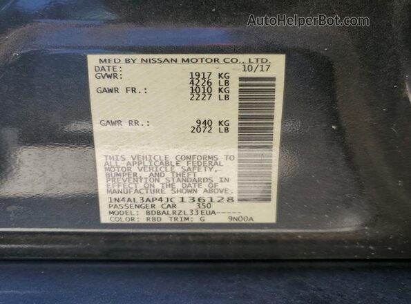 1N4AL3AP4JC136128 2018 NISSAN ALTIMA Gray ძრავის განყოფილების ხედი