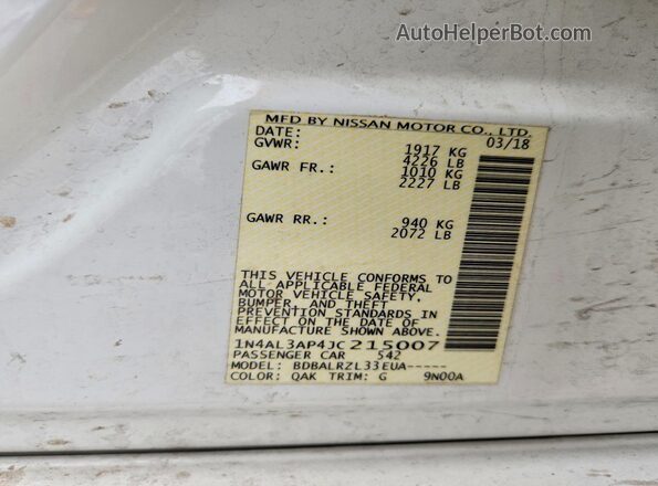 1N4AL3AP4JC215007 2018 NISSAN ALTIMA White ძრავის განყოფილების ხედი