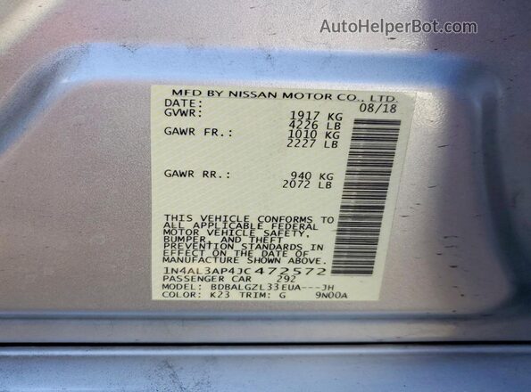 1N4AL3AP4JC472572 2018 NISSAN ALTIMA Silver Вид підкапотного простору