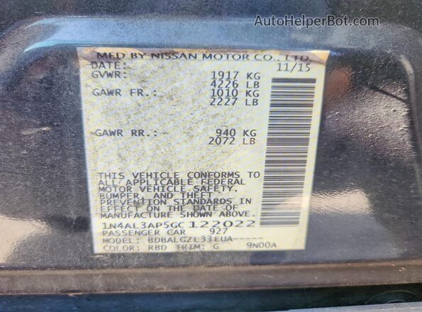 1N4AL3AP5GC122022 2016 NISSAN ALTIMA Blue Vista de la etiqueta del VIN