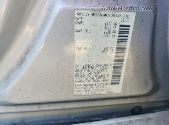 1N4AL3AP5GN312908 2016 NISSAN ALTIMA Silver VIN კოდის სტიკერის ხედი