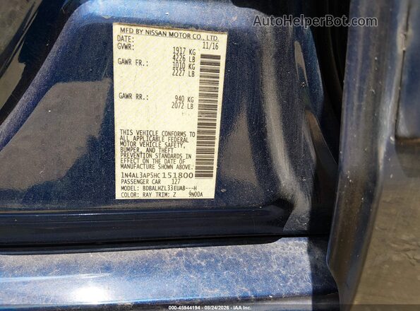 1N4AL3AP5HC151800 2017 NISSAN ALTIMA Синий Вид подкапотного пространства