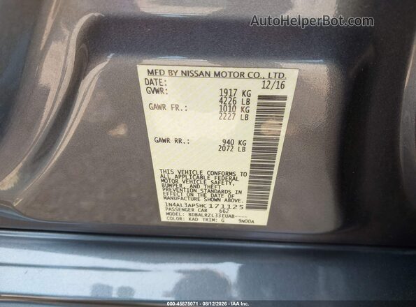 1N4AL3AP5HC171125 2017 NISSAN ALTIMA Gray Вид підкапотного простору