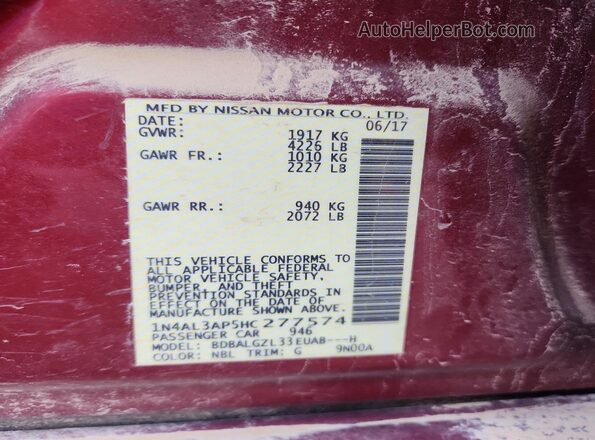 1N4AL3AP5HC277574 2017 NISSAN ALTIMA Maroon Widok komory silnika