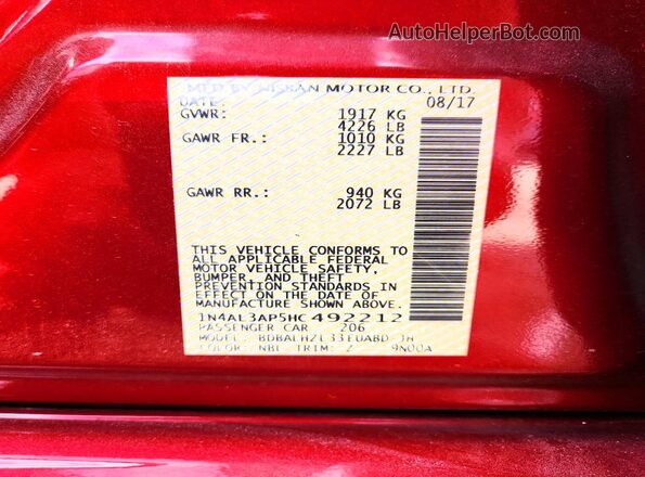 1N4AL3AP5HC492212 2017 NISSAN ALTIMA Красный Вид наклейки с VIN-кодом