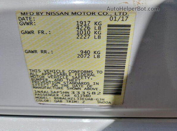 1N4AL3AP5HN333582 2017 NISSAN ALTIMA White Вид підкапотного простору